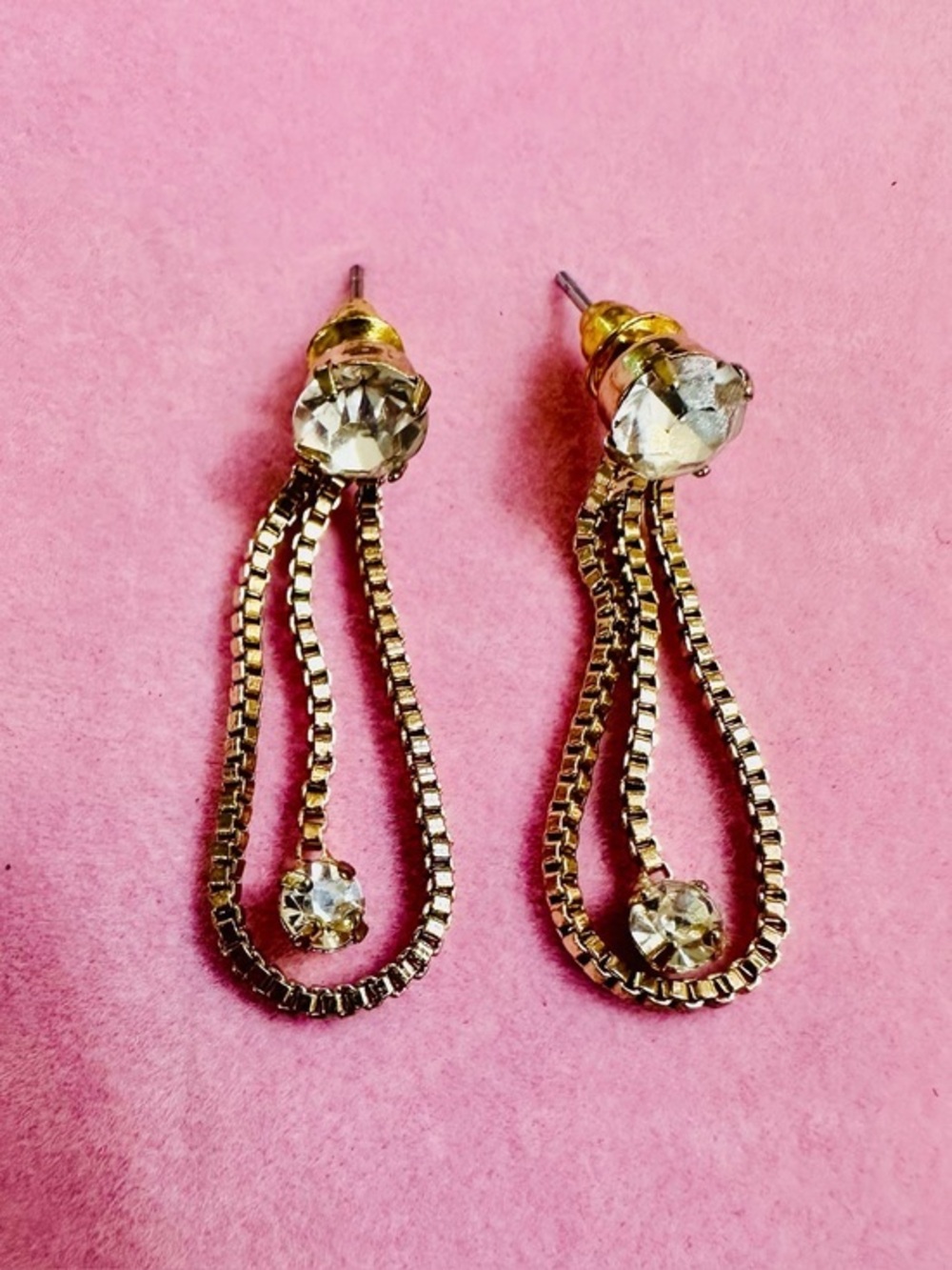 Gold Tone Rhinestone Teardrop Dangle Earrings